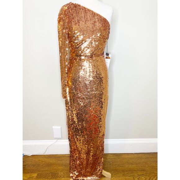 Mac Duggal Copper Sequin One Sleeve High Slit Dress 6 NWT - Picture 5 of 11